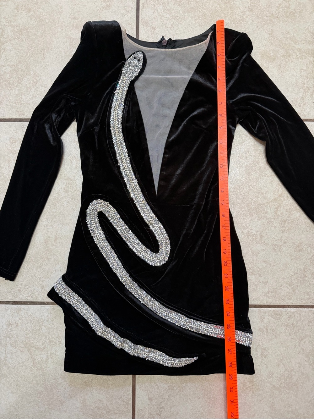 Black Velvet Rhinestone Swirl snake Illusion Plunge Mini Dress Size 4 - Picture 5 of 11
